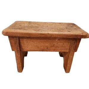 Vintage Primitive Wooden Stool Rustic Farmhouse Old Paint Folk Art Country Decor